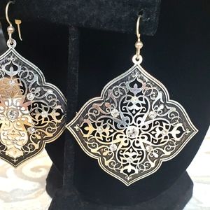 Earrings, large silver and black with clear crystals